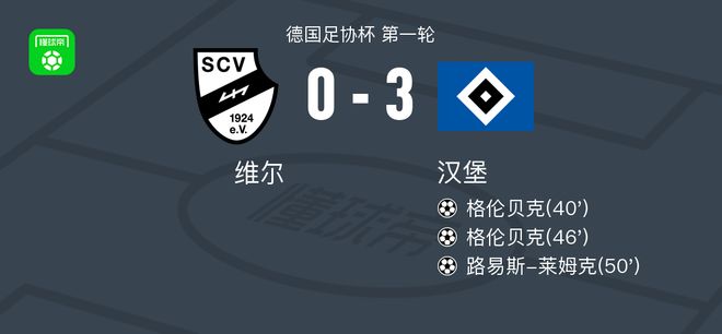 汉堡3-0大胜维尔，格伦贝克梅开二度，路易斯-莱姆克传射